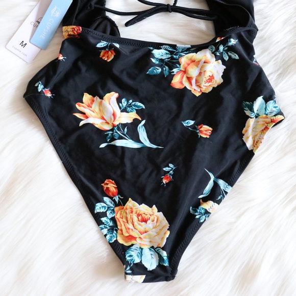 Black Floral Print Halter One Piece Swimsuit Sz L= - Picture 11 of 13